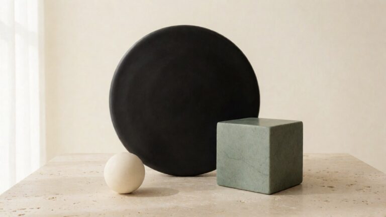 Abstract still life of a matte black disc, sage stone cube and cream sphere on travertine, evoking ad creative composition