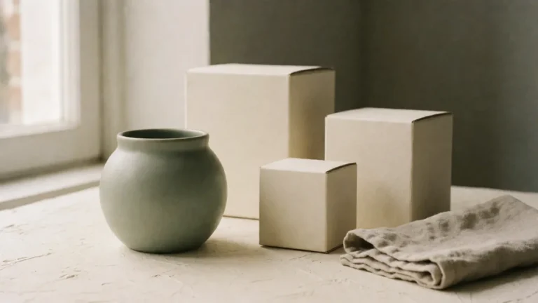 Trois boîtes en carton brut et un récipient en céramique sauge sur une surface de plâtre crème en lumière douce de fenêtre — illustration pour les fiches produit par IA