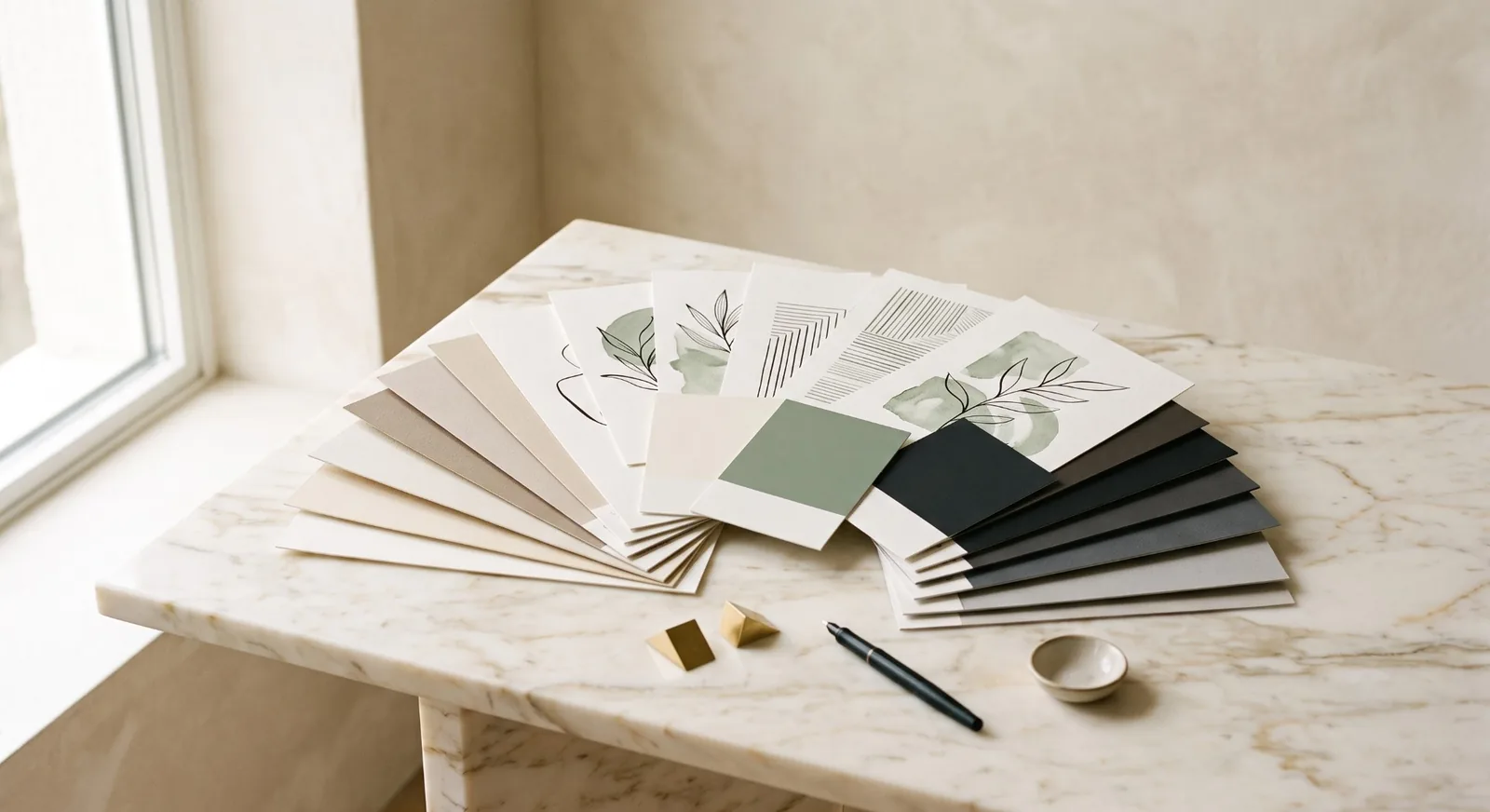 Premium Canva templates - art print swatches fanned on cream marble