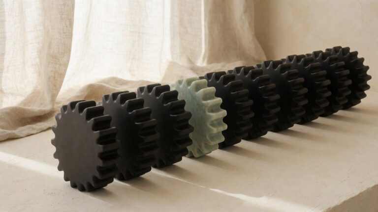 Editorial still life of a row of matte black stone gears with one sage green gear, on a cream surface in soft window light