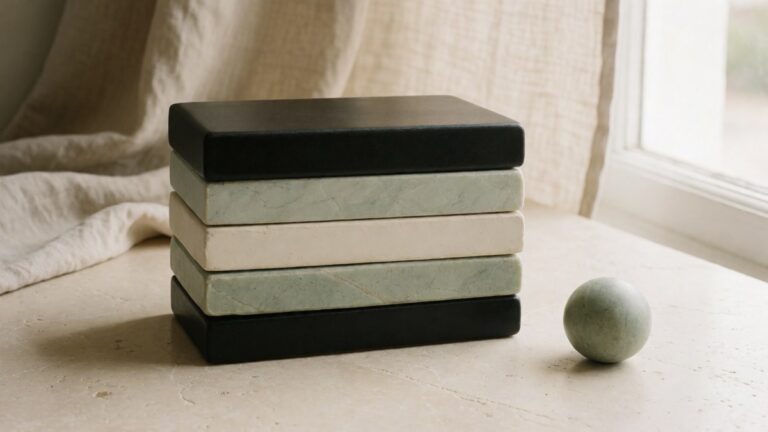 Editorial still life of a neatly ordered stack of black, cream and sage stone slabs beside a small sage sphere, in soft window light