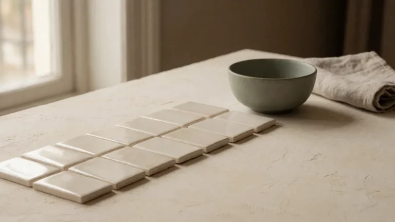 Une rangée de petits carreaux de céramique crème vierges et un bol sauge sur une surface de plâtre crème en lumière douce de fenêtre — illustration pour la prévision de trésorerie d'une petite entreprise