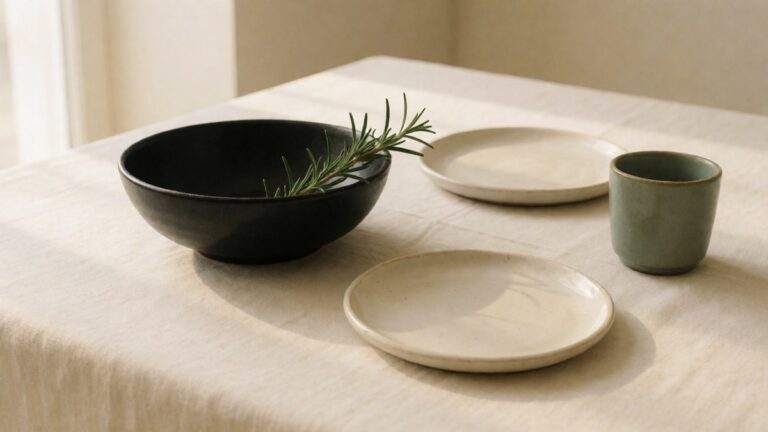 Matte black ceramic bowl with fresh rosemary, cream plates and a sage-green cup on a linen restaurant table in soft window light