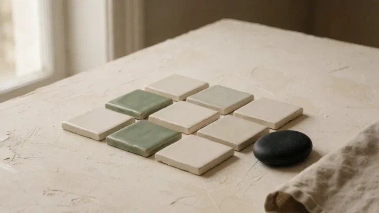 Neuf petits carreaux de céramique carrés disposés en trois rangées sur une surface de plâtre crème en lumière douce de fenêtre — illustration pour un modèle de calendrier éditorial Notion