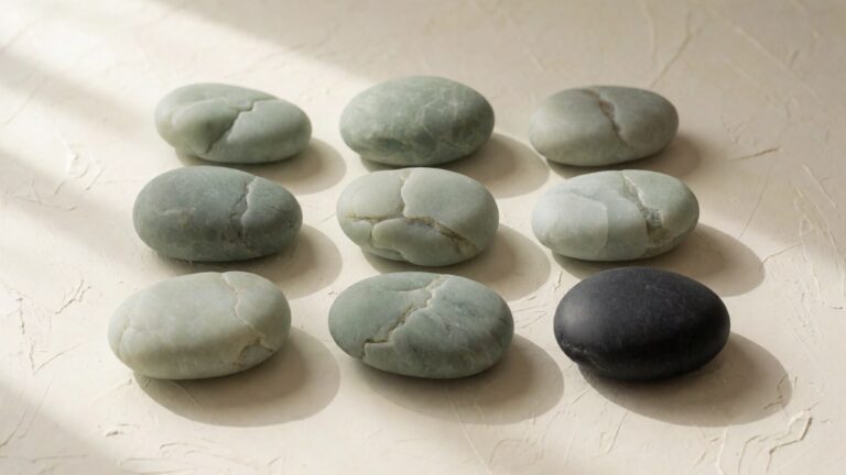 Nine smooth pebbles arranged in a precise three-by-three grid on a cream plaster surface, one black pebble marking the corner