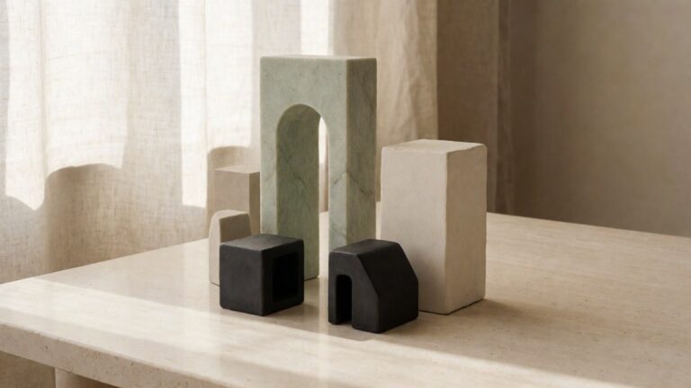 Editorial still life of an architectural maquette: sage green stone arch with black and cream building volumes on a cream stone table