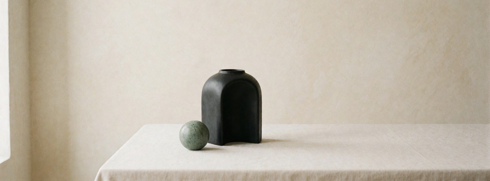 Editorial still life - matte black ceramic arch and sage stone sphere on cream linen