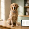 Couverture et sommaire du Veterinary Prompt Pack sur une tablette, à côté d’un golden retriever sur une table d’examen — 50 prompts IA — AJNEXA