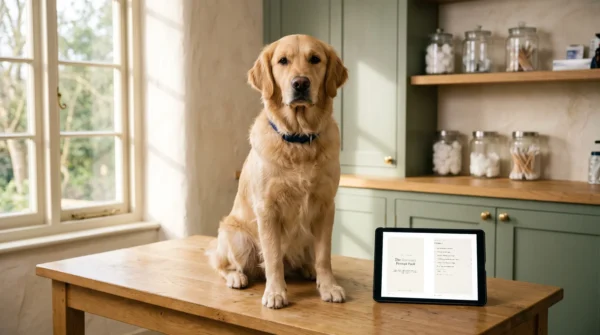 Couverture et sommaire du Veterinary Prompt Pack sur une tablette, à côté d’un golden retriever sur une table d’examen — 50 prompts IA — AJNEXA