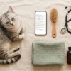 Une vraie page du Veterinary Prompt Pack sur un téléphone, près d’un chat, d’un stéthoscope et de flacons ambrés sans étiquette — AJNEXA