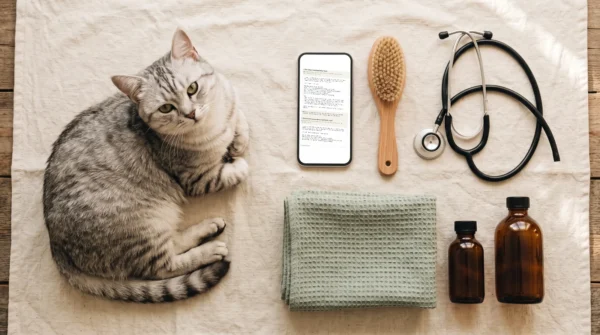 Une vraie page du Veterinary Prompt Pack sur un téléphone, près d’un chat, d’un stéthoscope et de flacons ambrés sans étiquette — AJNEXA