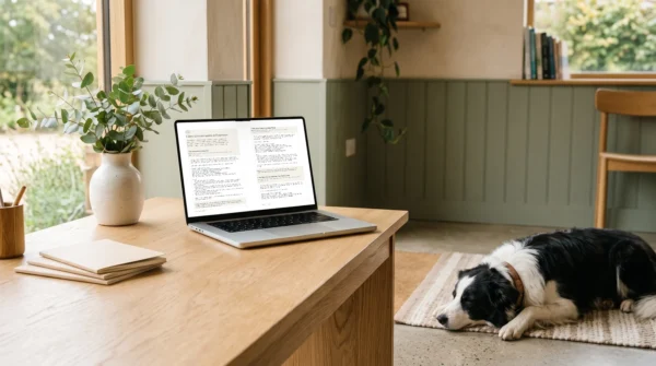 Le chapitre 1 du Veterinary Prompt Pack ouvert sur un portable dans une clinique vétérinaire, un border collie au repos à côté — AJNEXA