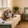 Un labrador au museau gris au repos dans une salle d’attente vétérinaire — AJNEXA Veterinary Prompt Pack