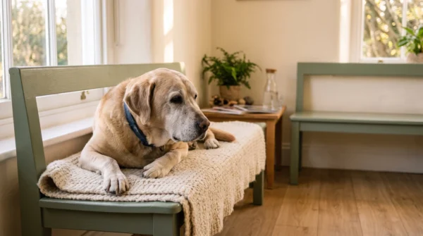 Un labrador au museau gris au repos dans une salle d’attente vétérinaire — AJNEXA Veterinary Prompt Pack