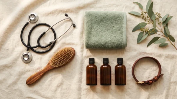 Stéthoscope, brosse, flacons ambrés sans étiquette et collier de cuir sur du lin crème — AJNEXA Veterinary Prompt Pack