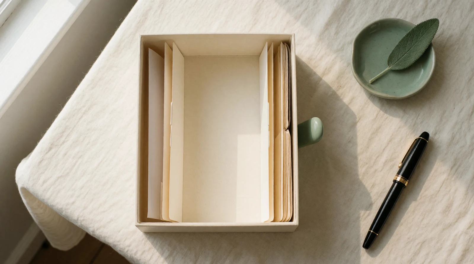 AMS subscription - a cream card index box open on cream linen