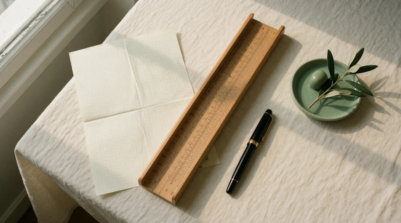 Calculators and spreadsheets for small businesses - a wooden slide rule and grid paper on cream linen