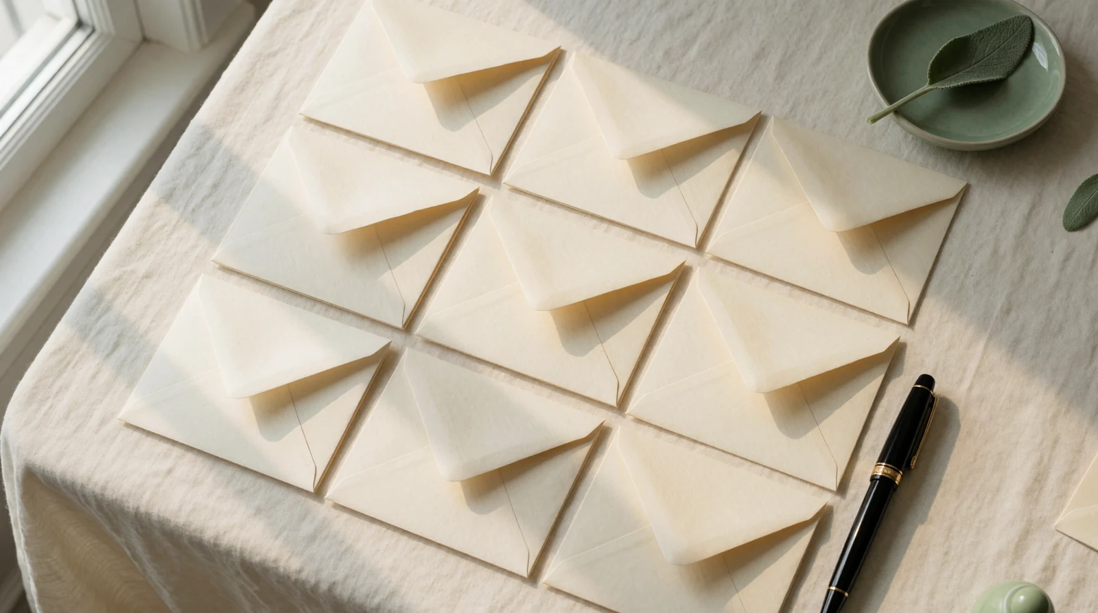 Email sequences for freelancers - cream envelopes laid out in a grid on linen
