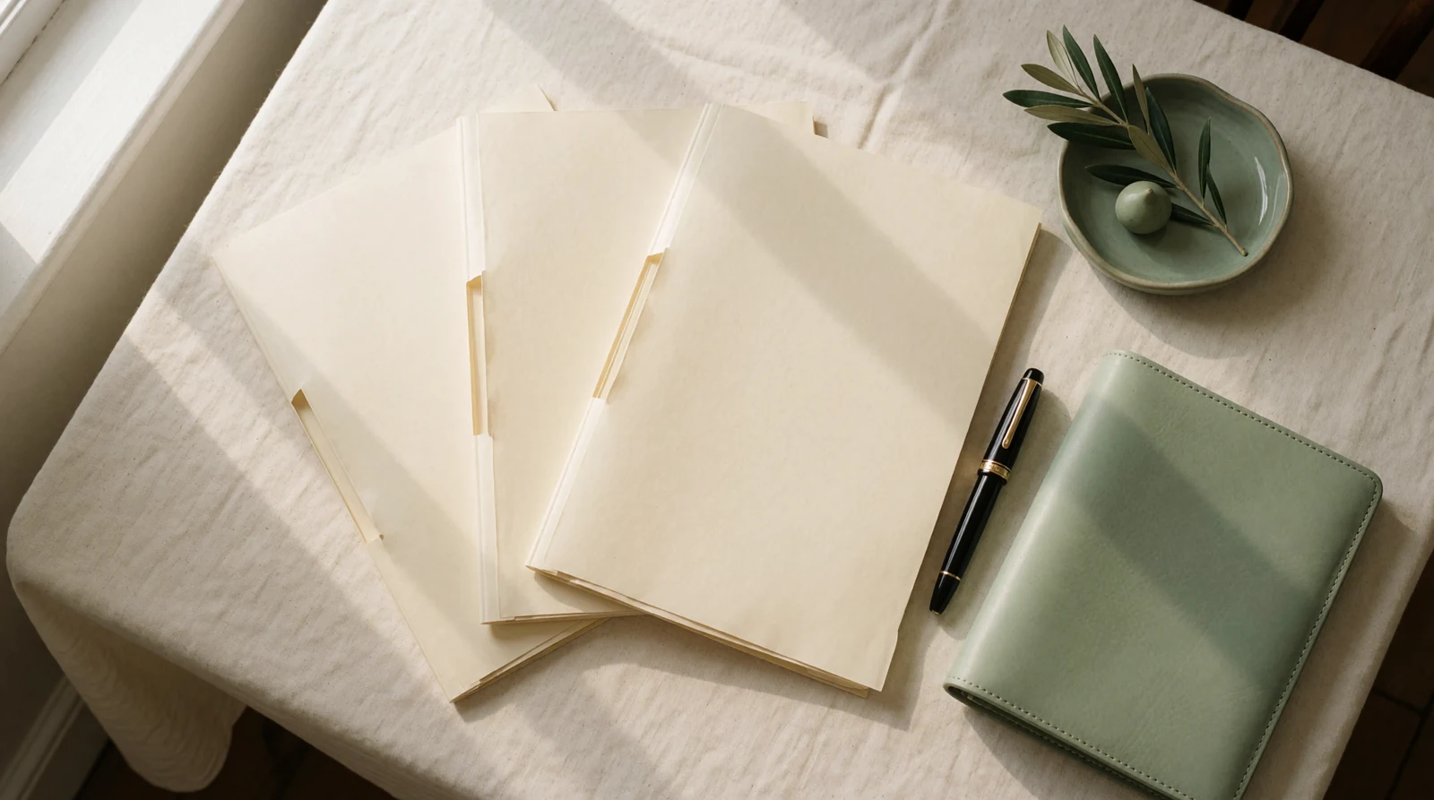 Sales documents for independents - cream folders and a leather portfolio on linen