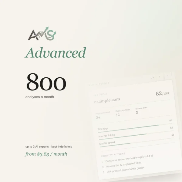 AMS Advanced AMS Advanced by AJNEXA — subscription plan, with a sample AMS report in the background