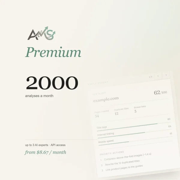 AMS Premium by AJNEXA — subscription plan, with a sample AMS report in the background