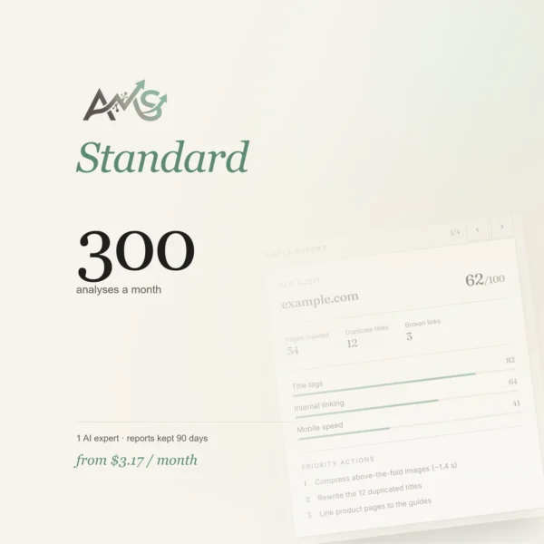 AMS Standard by AJNEXA — subscription plan, with a sample AMS report in the background
