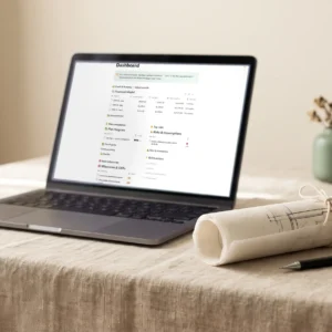 Le tableau de bord du Business Plan Studio dans Notion sur un portable — modèle financier, trésorerie, risques et jalons — AJNEXA
