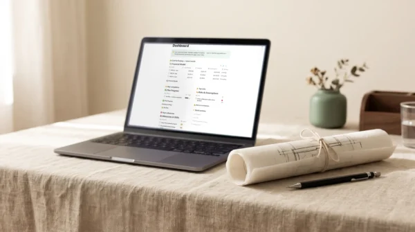Le tableau de bord du Business Plan Studio dans Notion sur un portable — modèle financier, trésorerie, risques et jalons — AJNEXA