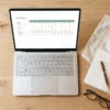 The 13-week forecast tab of The Cash Flow Forecaster open on a laptop - weekly closing balances and safety-line alerts - AJNEXA
