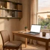 A small business desk at sunrise with a laptop - AJNEXA Cash Flow Forecaster