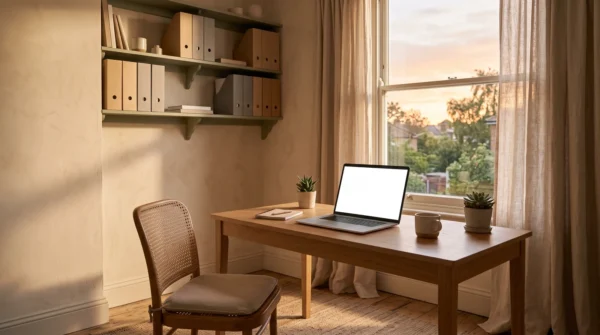 A small business desk at sunrise with a laptop - AJNEXA Cash Flow Forecaster