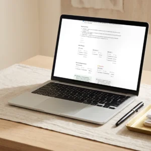 Le tableau de bord du Cashflow Ledger dans Notion sur un portable — 30 derniers jours, factures en attente et en retard — AJNEXA