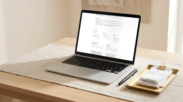 Le tableau de bord du Cashflow Ledger dans Notion sur un portable — 30 derniers jours, factures en attente et en retard — AJNEXA