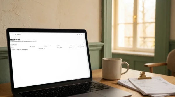 La base Factures du modèle Notion de gestion de missions, montrant les jours de retard et la relance à envoyer