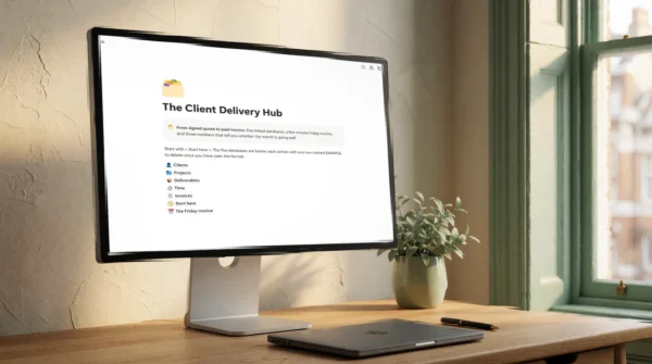 L'espace Notion The Client Delivery Hub ouvert sur un écran de bureau