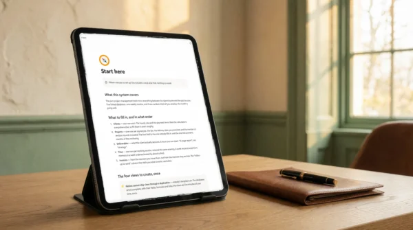 La page Start here du modèle Notion de livraison client, affichée sur une tablette