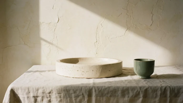 An empty stone plinth on linen waiting for a product, an illustration for ecommerce ad creative
