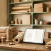 The E-Commerce Prompt Pack cover and contents on a tablet at a packing table stacked with kraft parcels - 50 AI prompts - AJNEXA