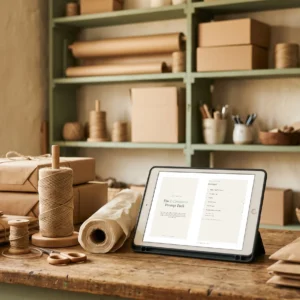 The E-Commerce Prompt Pack cover and contents on a tablet at a packing table stacked with kraft parcels - 50 AI prompts - AJNEXA