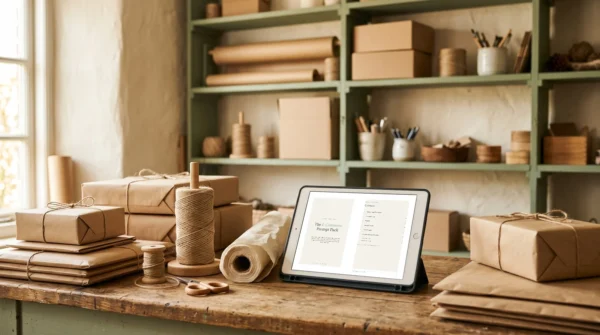 The E-Commerce Prompt Pack cover and contents on a tablet at a packing table stacked with kraft parcels - 50 AI prompts - AJNEXA
