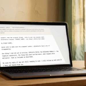 Follow-up email templates open on a laptop: the Day 3 proposal follow-up email, ready to send