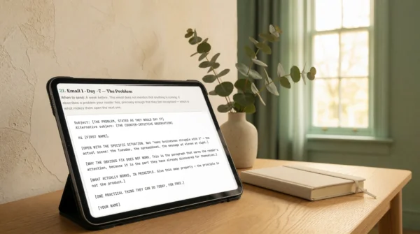 The Launch email sequence from The Follow-Up Sequences shown on a tablet
