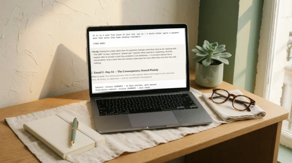 Overdue invoice reminder email template on a laptop screen, with its send day and pro tip