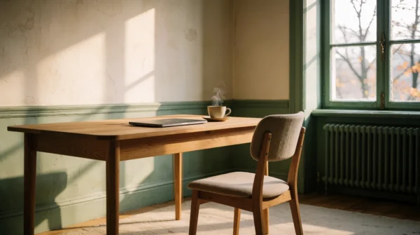 A quiet home office desk at dawn, the AJNEXA Follow-Up Sequences setting