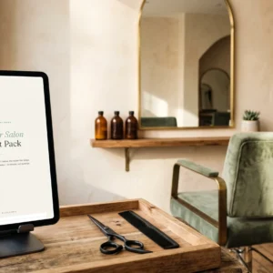 Couverture du Hair Salon Prompt Pack sur une tablette à un poste de coiffage, ciseaux et peigne sur un plateau en bois — 50 prompts IA — AJNEXA