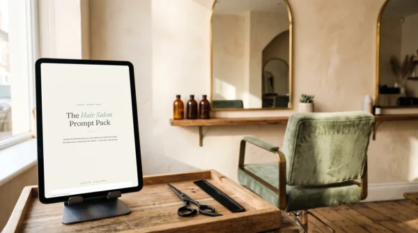 Couverture du Hair Salon Prompt Pack sur une tablette à un poste de coiffage, ciseaux et peigne sur un plateau en bois — 50 prompts IA — AJNEXA