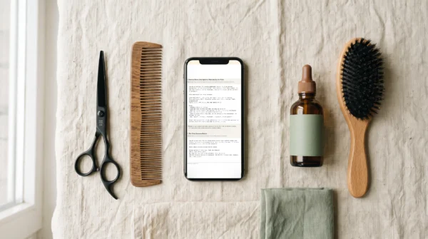 Une vraie page du Hair Salon Prompt Pack sur un téléphone, parmi des outils de coiffure — AJNEXA
