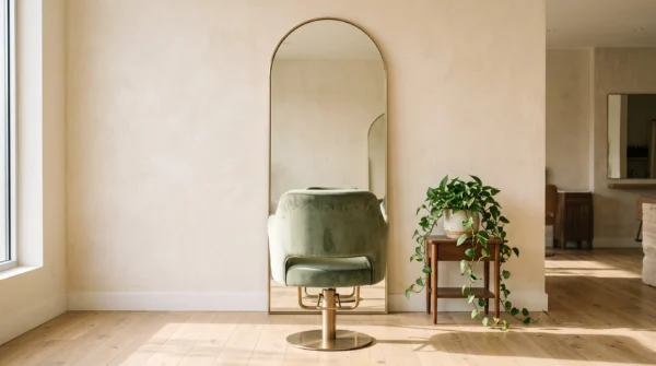 Intérieur d’un salon de coiffure indépendant quiet-luxury au lever du jour — AJNEXA Hair Salon Prompt Pack