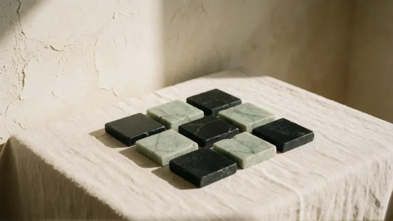 Nine stone tiles in a three-by-three grid on linen, an illustration for instagram feed templates