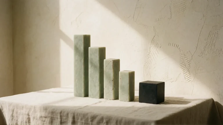 Sage stone bars rising in a row beside a black cube, an illustration for notion dashboard